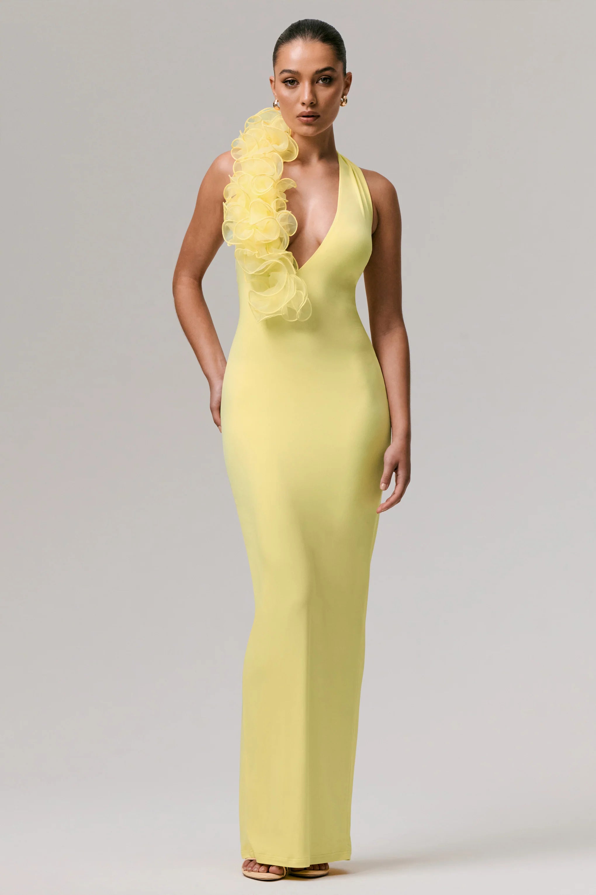 Harriet Lemon Plunge Neck Maxi Dress With Floral Detail