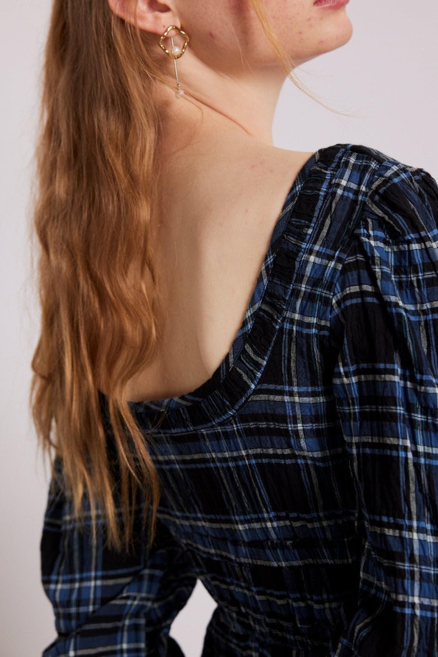 Women Plaid Maxi Dress Long Puff Sleeve Square Neck Flowy Boho Dress Bow Tie Smocked Fall Dresses