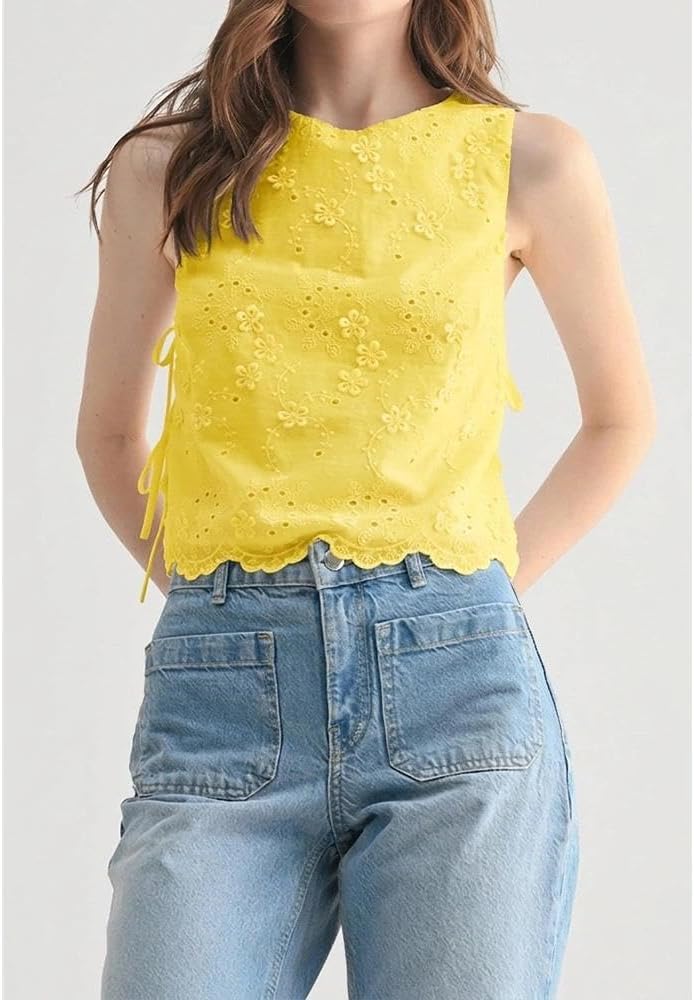 Women Eyelet Embroidered Tank Top Sleeveless Side Tie Summer Going Out Crop Top