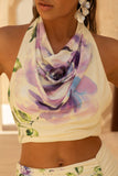 Calla Lilac Floral Placement Print High Neck Crop Top