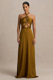 Aleera Olive Chiffon Halter Neck Maxi Dress With Cut Out Detail