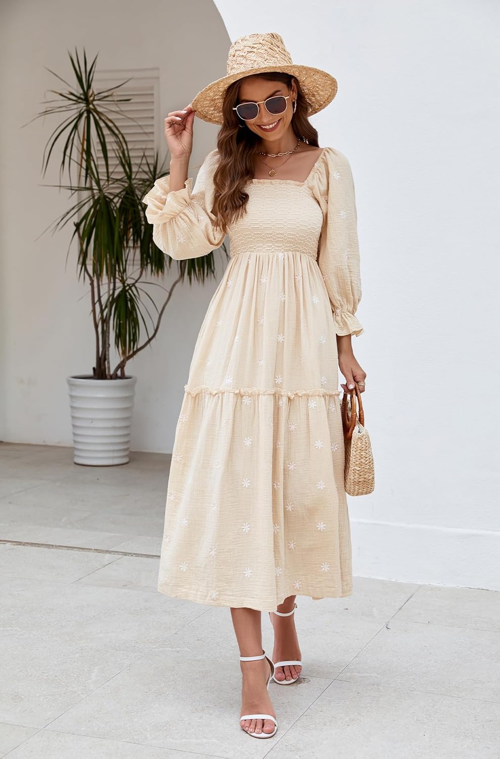 Women Floral Embroidered Maxi Dress Long Puff Sleeve Square Neck Bohemian Flowy Dress with Pockets Summer Fall