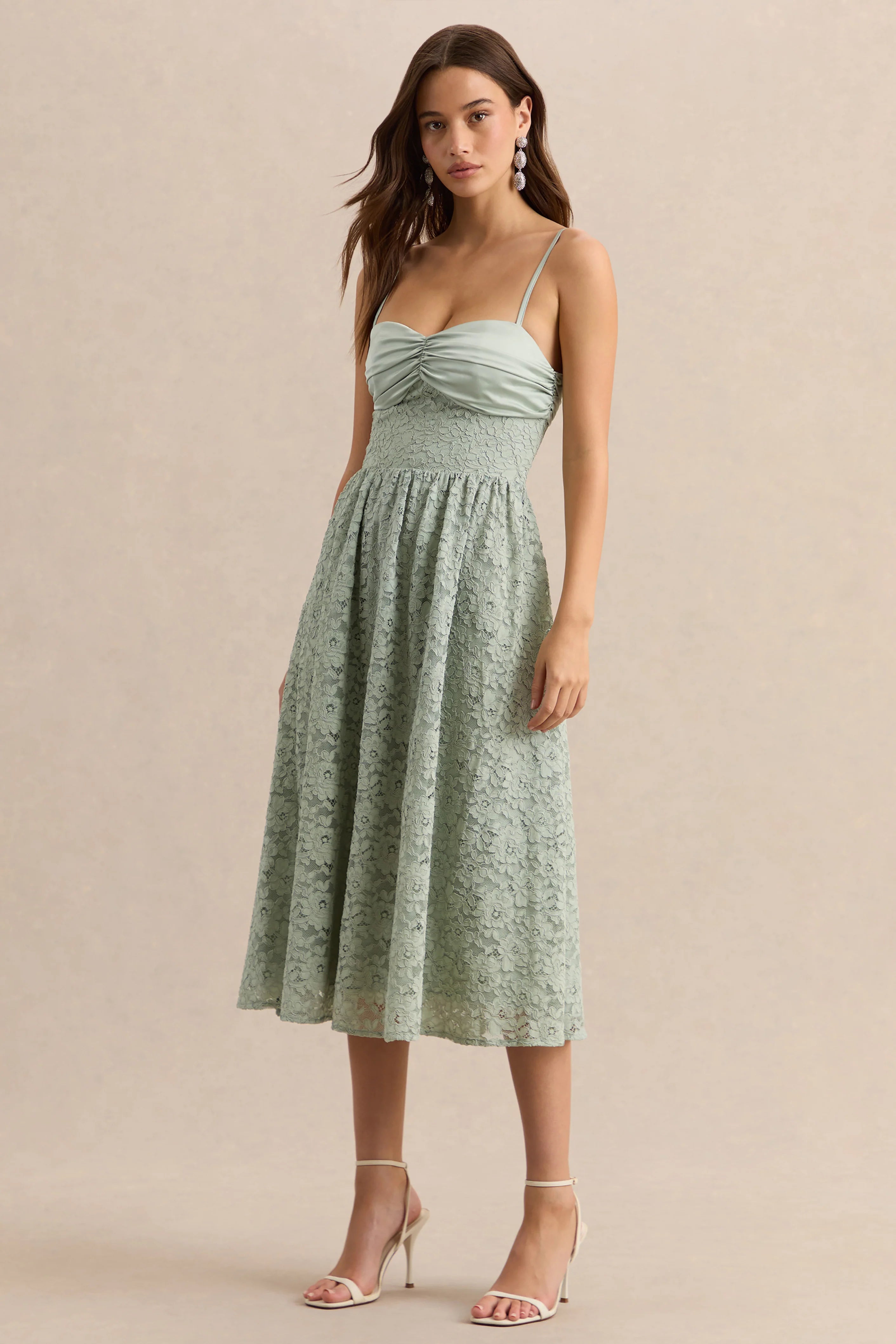 Gloriana Sage Lace Sweetheart Neck Midi Dress