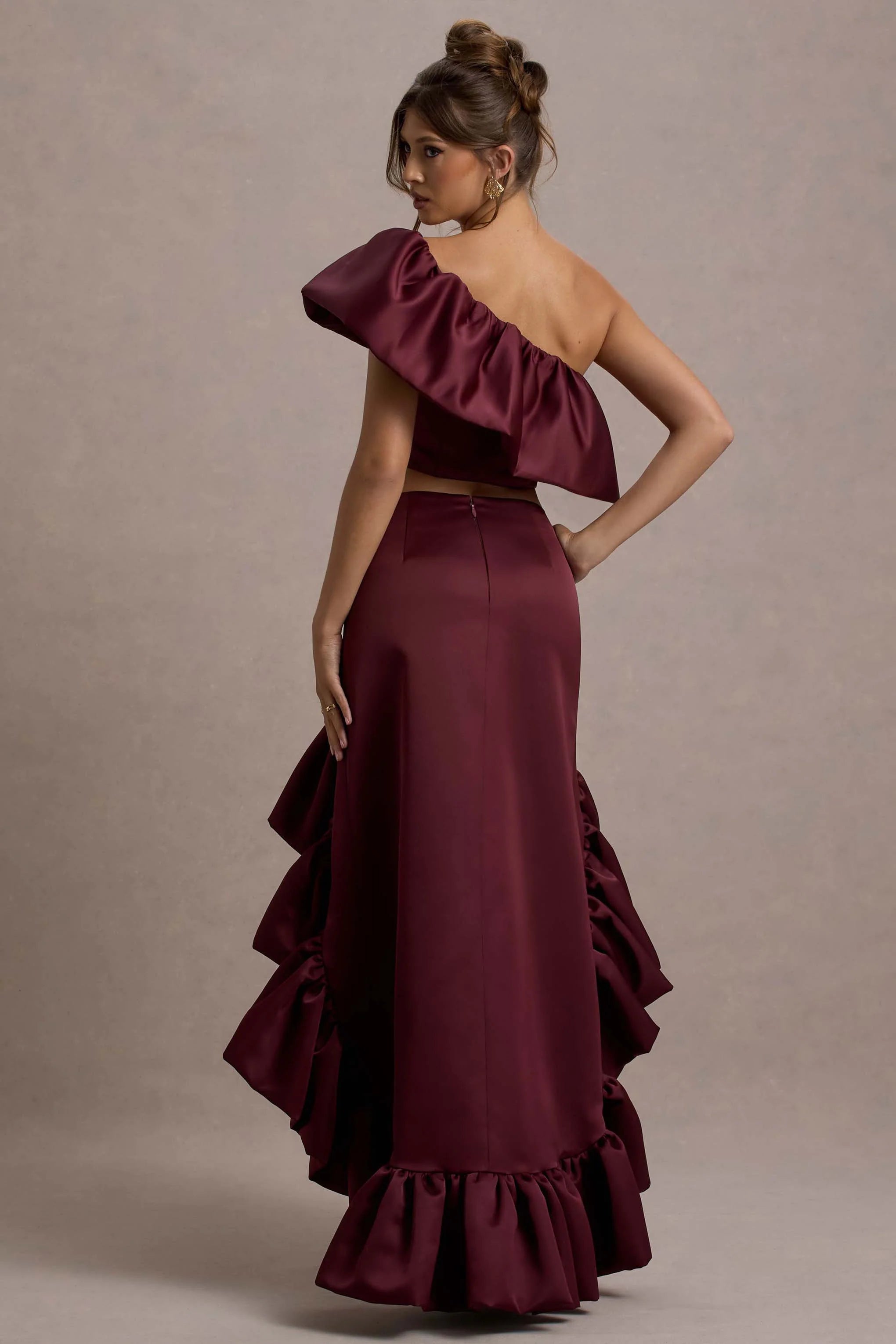 Ruby Merlot Satin High Low Maxi Skirt