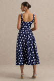 Berta Navy And White Polka Dot Square Neck Midi Dress