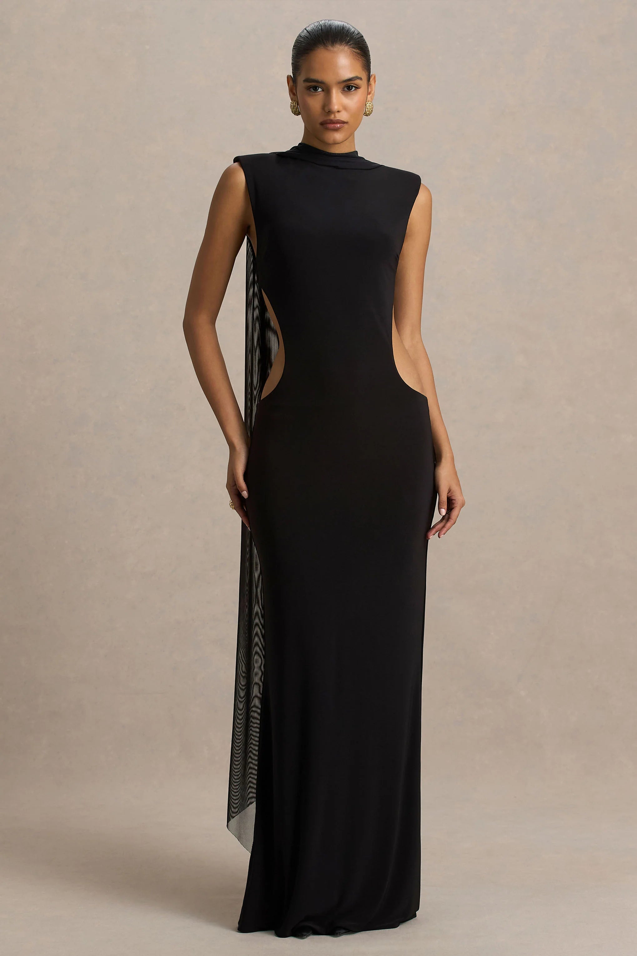 Katara Black High Neck Maxi Dress With Body Cut Out Details