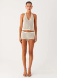 Pearl Shore Beaded Crochet Mini Shorts Ivory