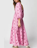 Women Floral Embroidered Maxi Dress Long Puff Sleeve Square Neck Bohemian Flowy Dress with Pockets Summer Fall