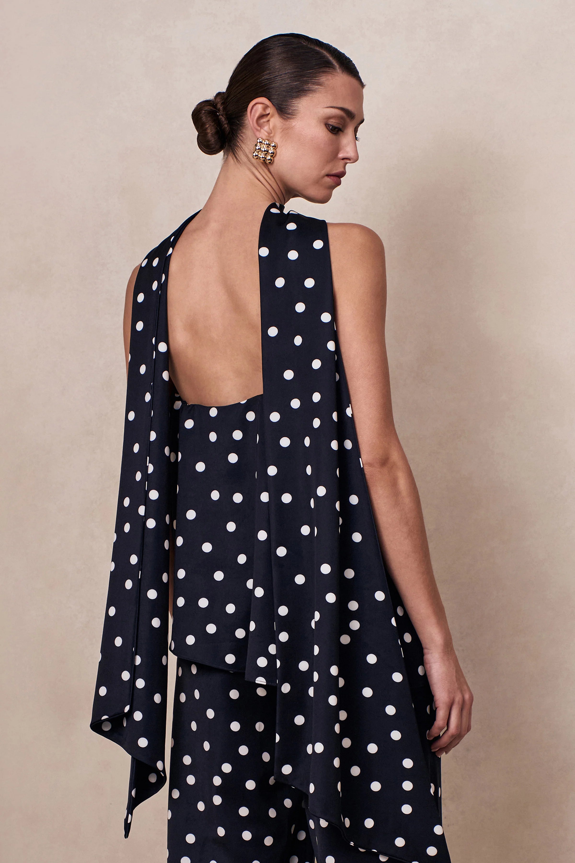 Evandra Black White Satin Polka Dot Bandeau Top With Scarf