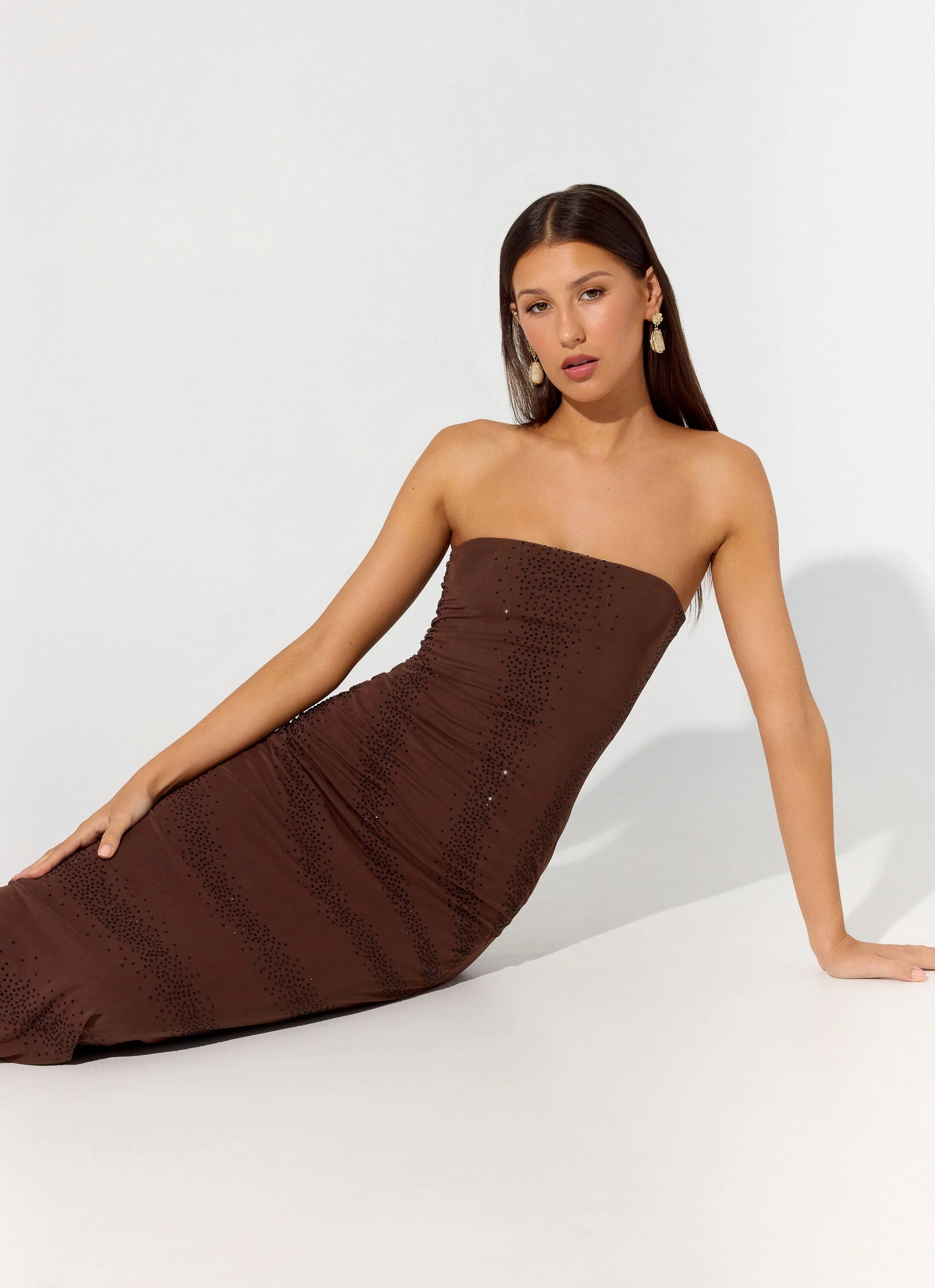 Belisse Beaded Mesh Maxi Dress Chocolate