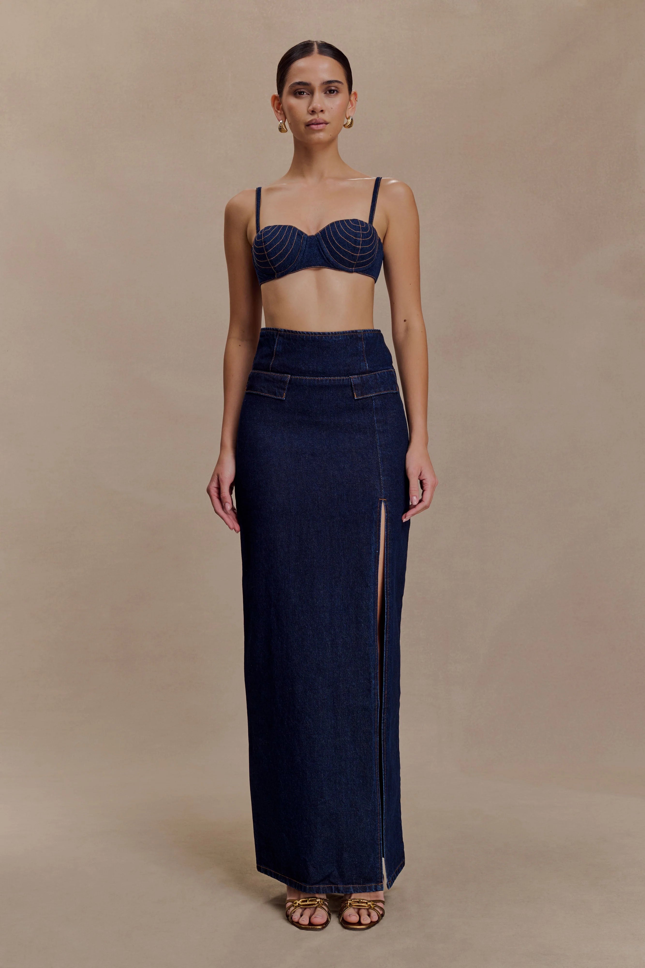 Maylena High Rise Denim Maxi Skirt Indigo Blue