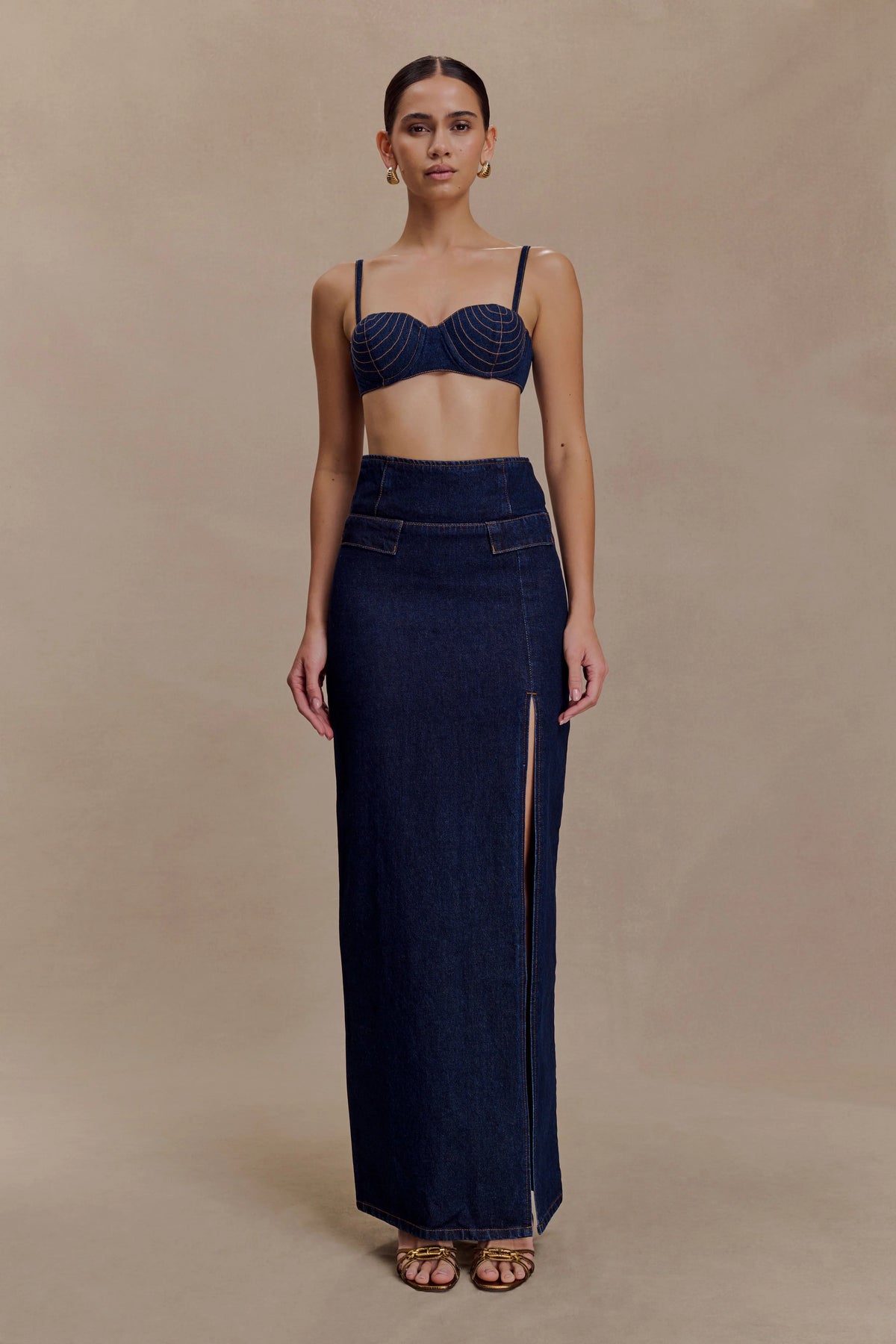 Maylena High Rise Denim Maxi Skirt Indigo Blue