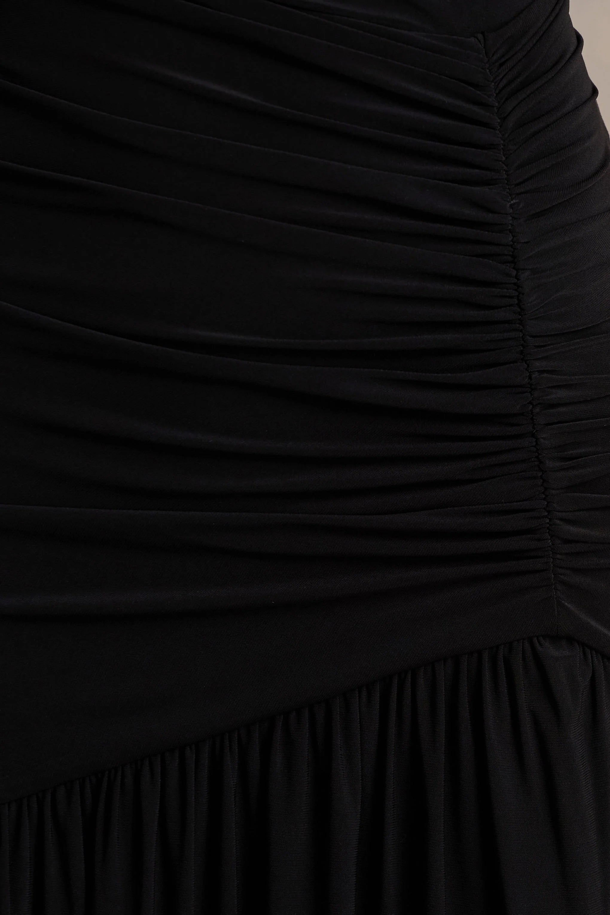 Kady Black Asymmetric Neck Maxi Dress With Ruched Detailing and Front High Split