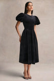 Seraphic Black Velvet Puff Sleeve Midi Dress