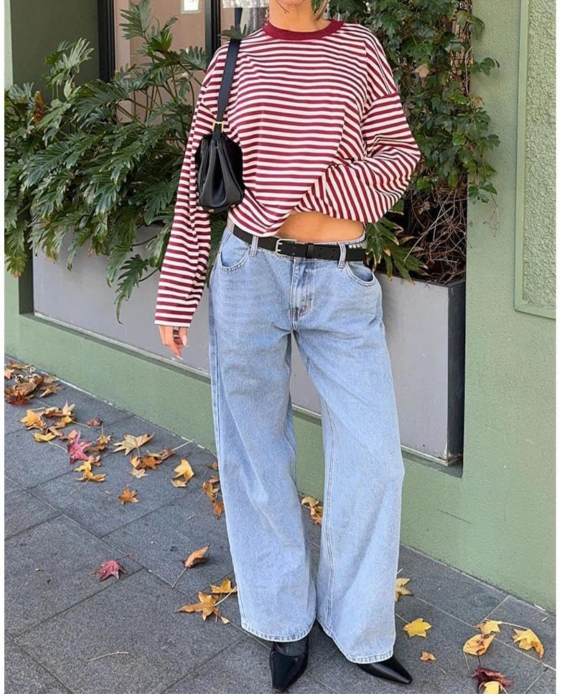 Women Striped Long Sleeve Shirt Crewneck Cropped Pullover Top Fall Winter Vintage Sweatshirt Streetwear