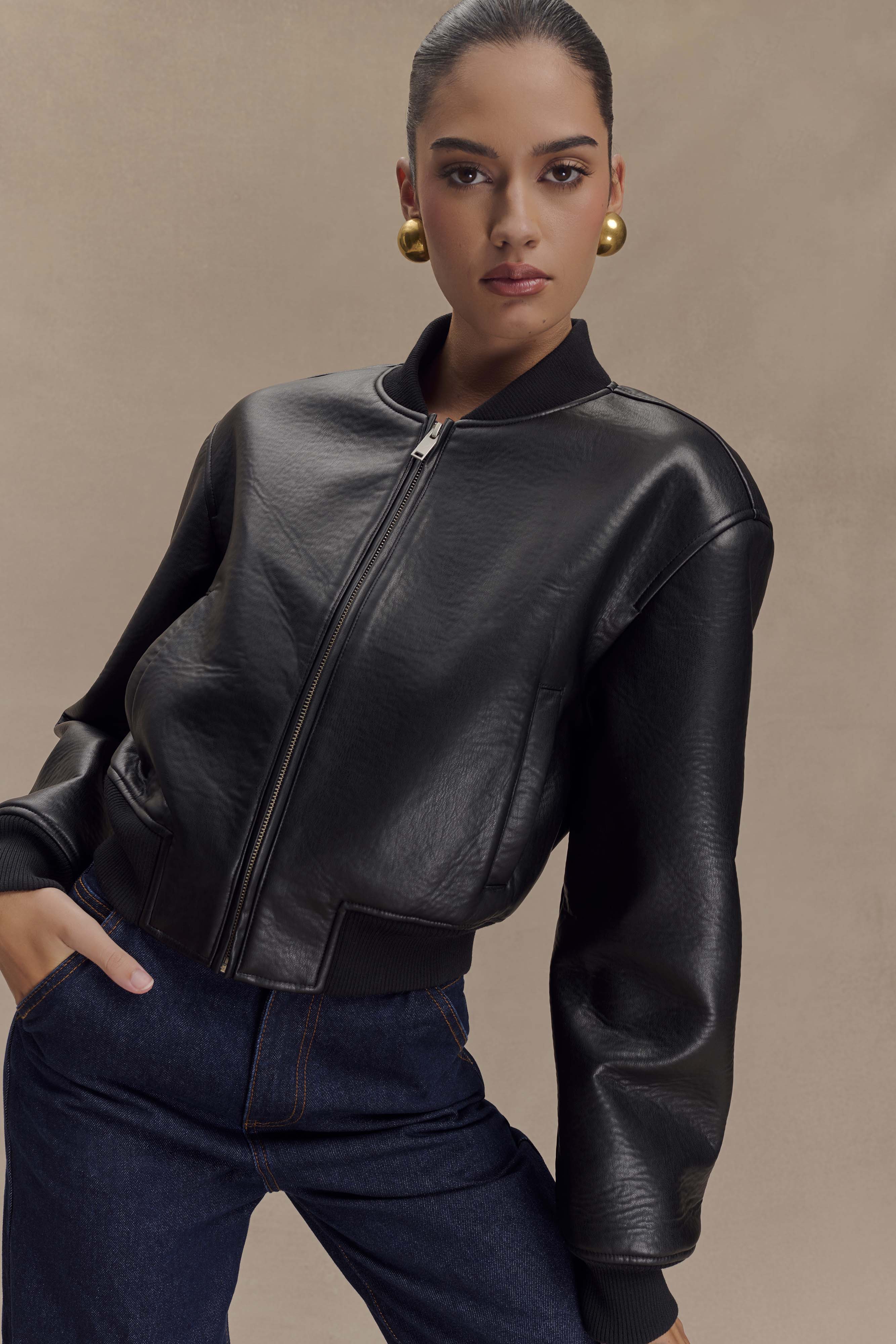 Codi Faux Leather Bomber Jacket Black