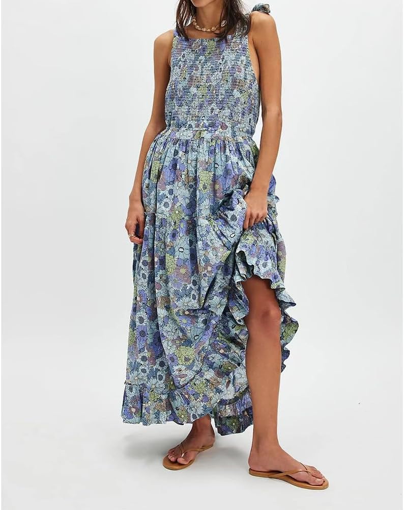 Women Floral Maxi Dress Tie Shoulder Cutout Backless Boho Smocked Flowy Dresses Summer Fall Sundress