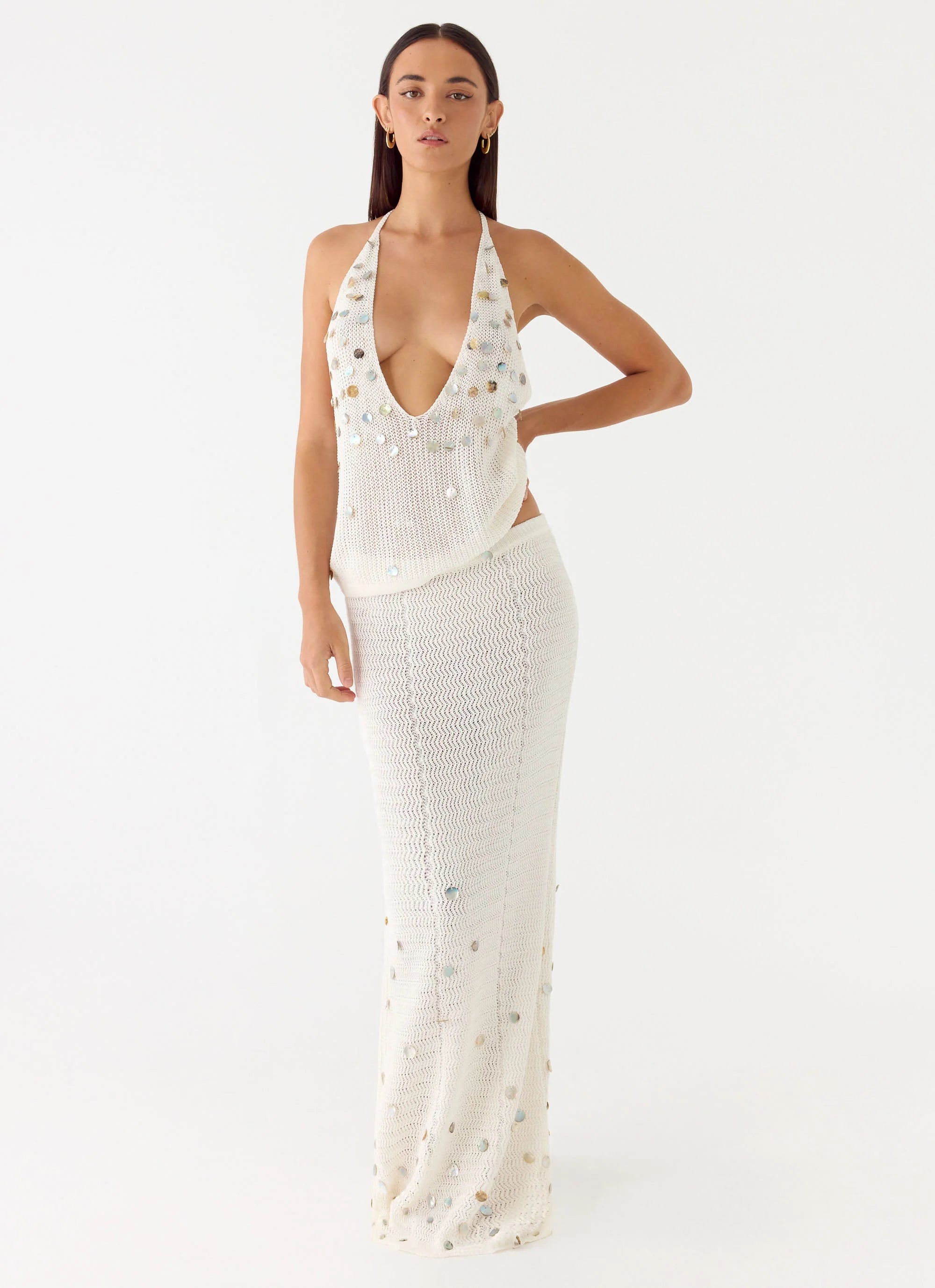 Adelaida Beaded Crochet Maxi Skirt Ivory