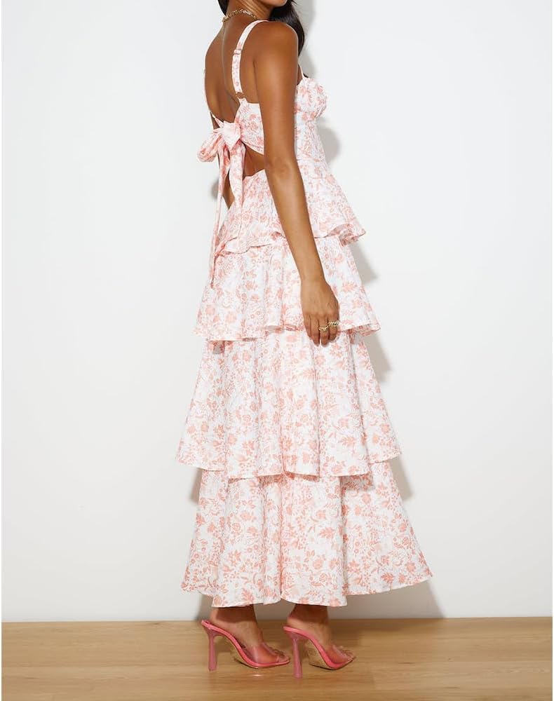 Women Floral Maxi Dress Sleeveless Bow Back Tiered Boho Flowy Long Dresses Summer Fall