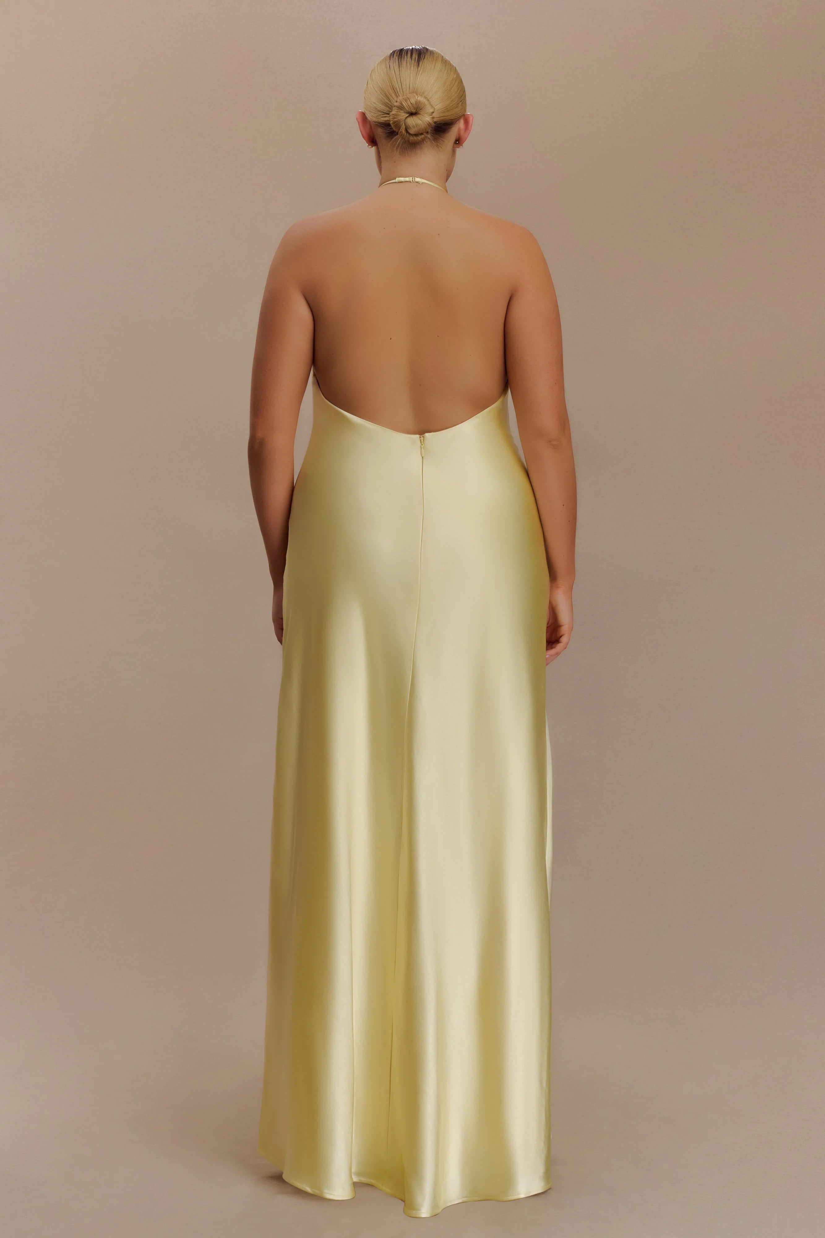 Bella Satin Halter Maxi Dress Lemon