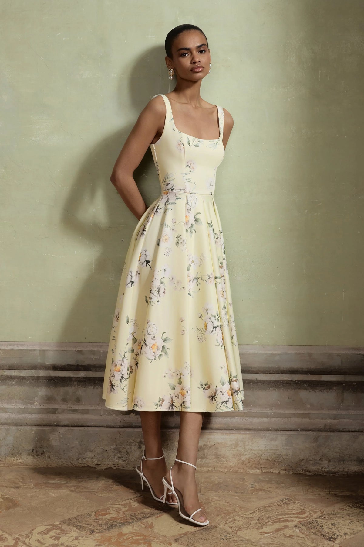Lissa Lemon Floral Bouquet Print Square Neck Midi Dress