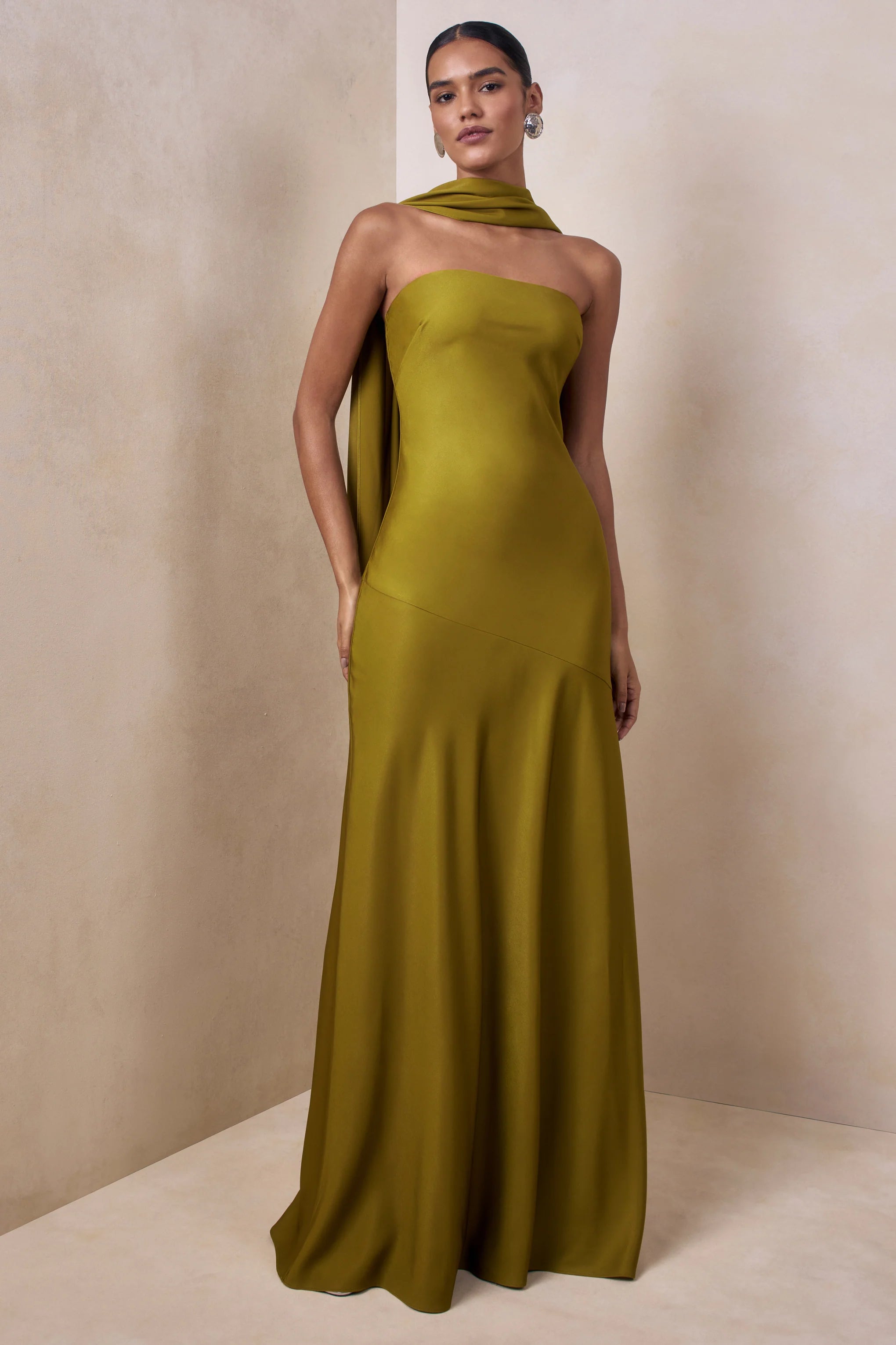 Charly Olive Matte Satin Bandeau Maxi Dress With Scarf Detail