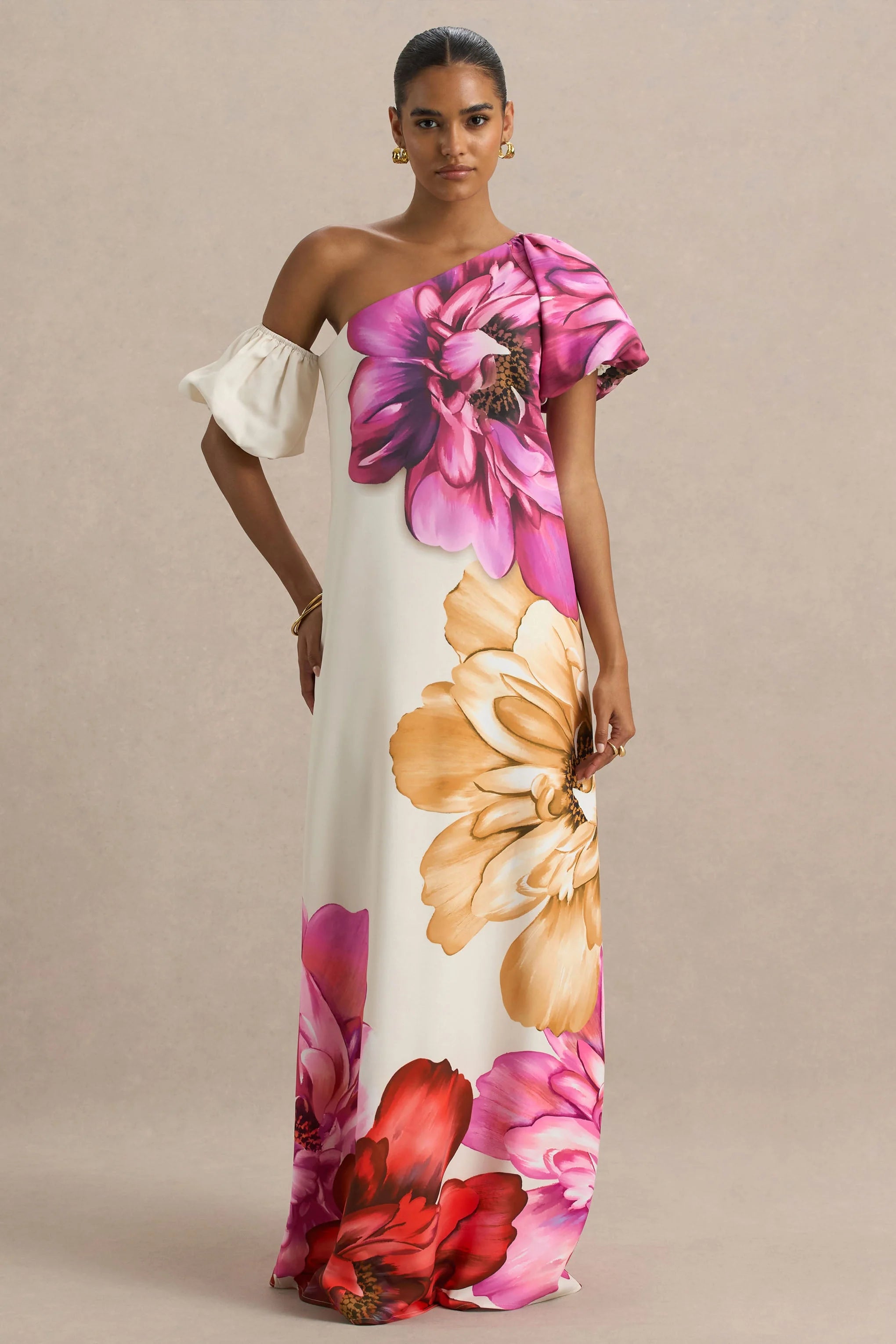 Anastasia Large Multi Floral Print Asymmetric Neck Maxi Dress