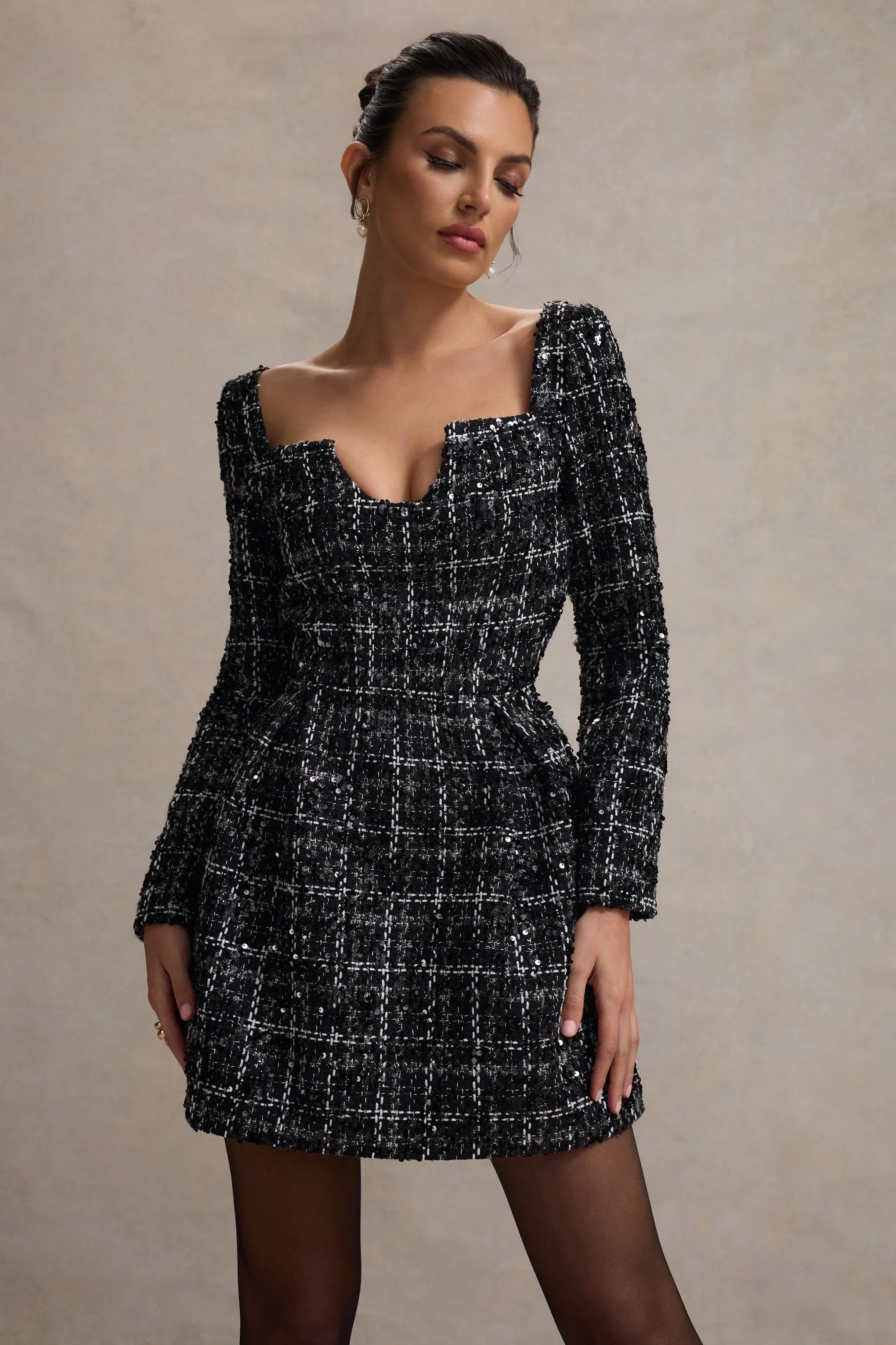 Contessa Black Boucle Long Sleeve Mini Dress