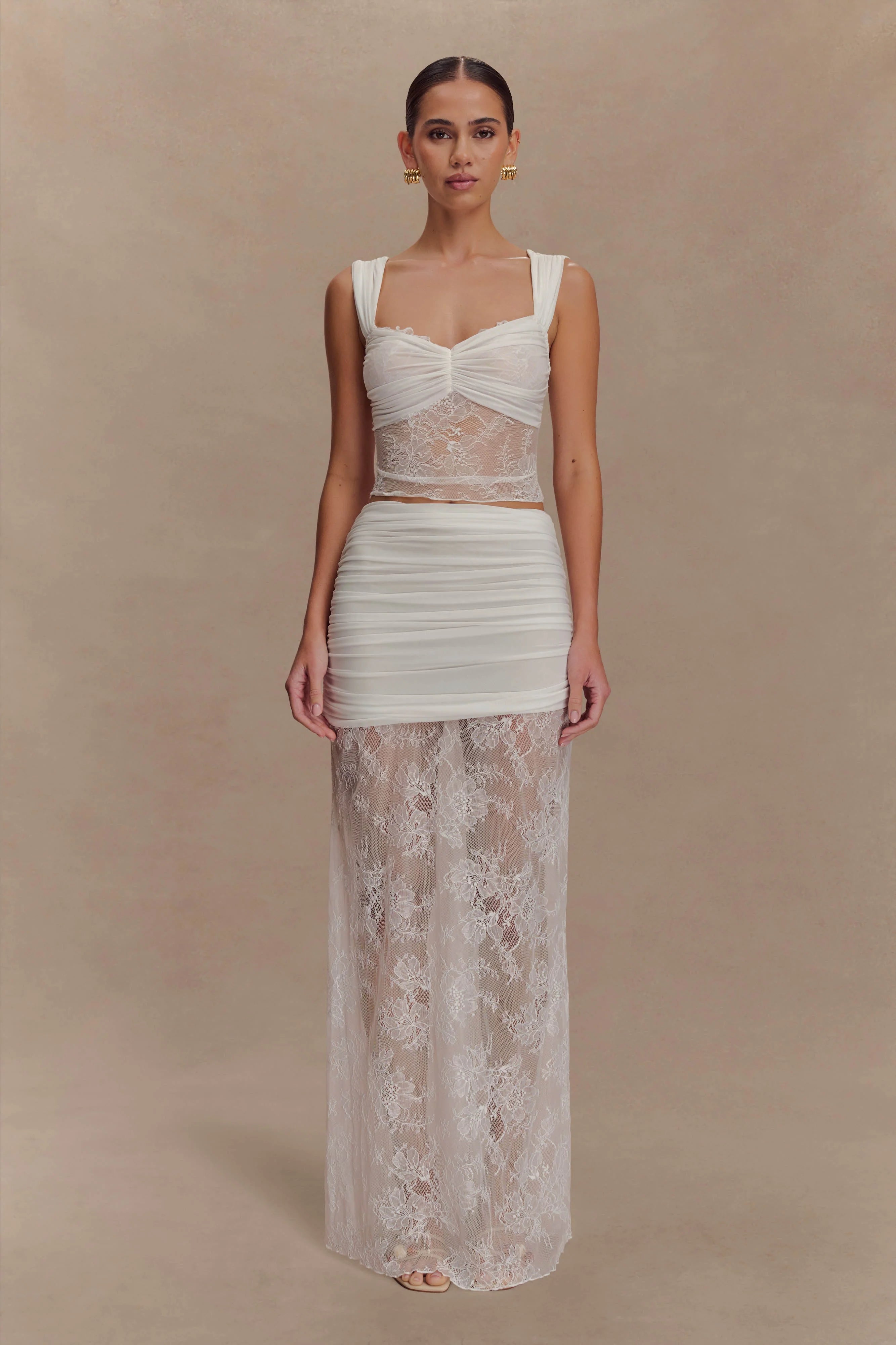 Guinevere Lace And Mesh Maxi Skirt Ivory