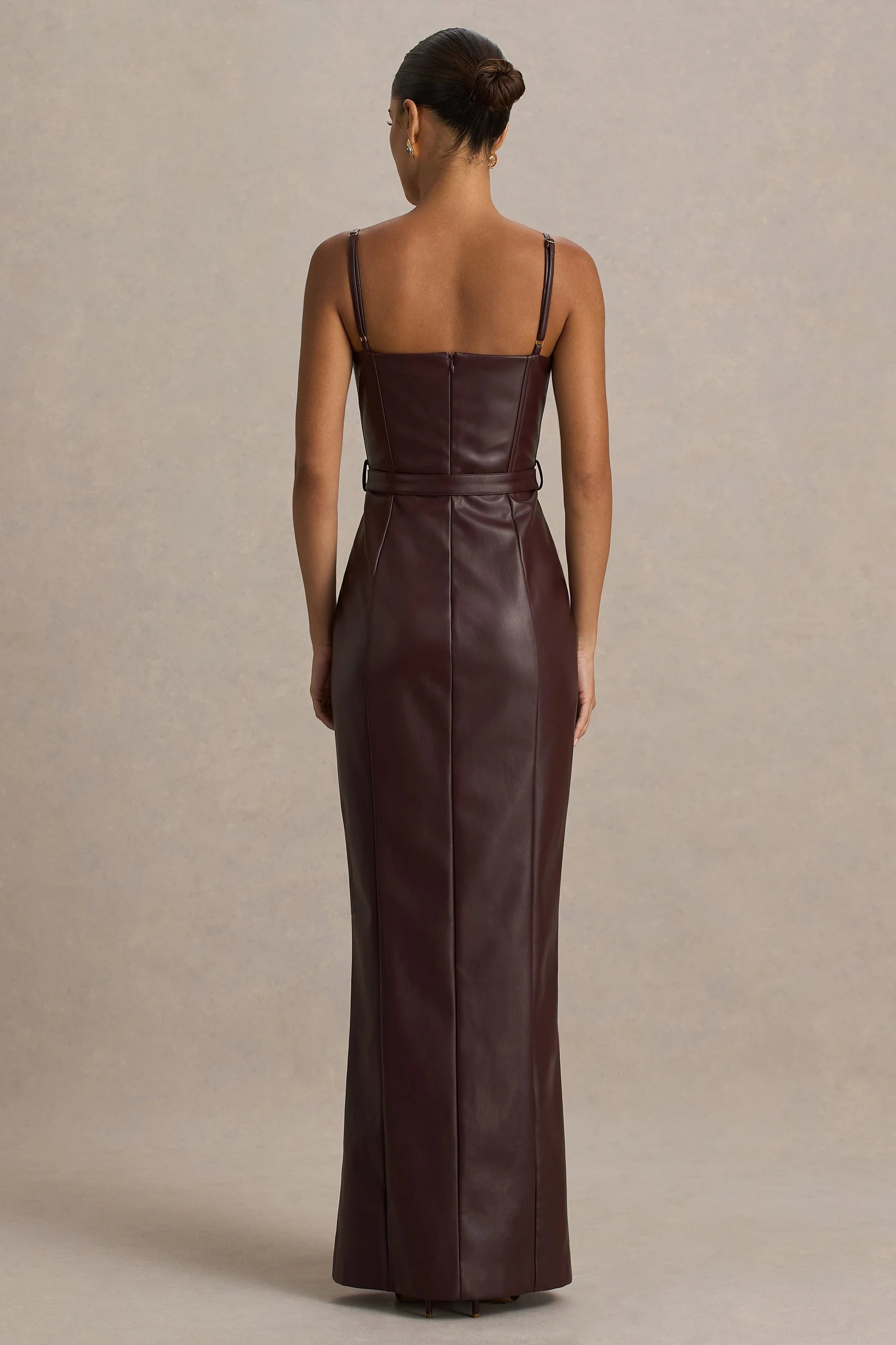 Lila Burgundy Faux Leather Plunge Neck Maxi Dress With Split