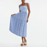 Women Floral Embroidered Maxi Dress Sleeveless Tie Shoulder Smocked Flowy Dress Boho Summer Sundresses with Pockets