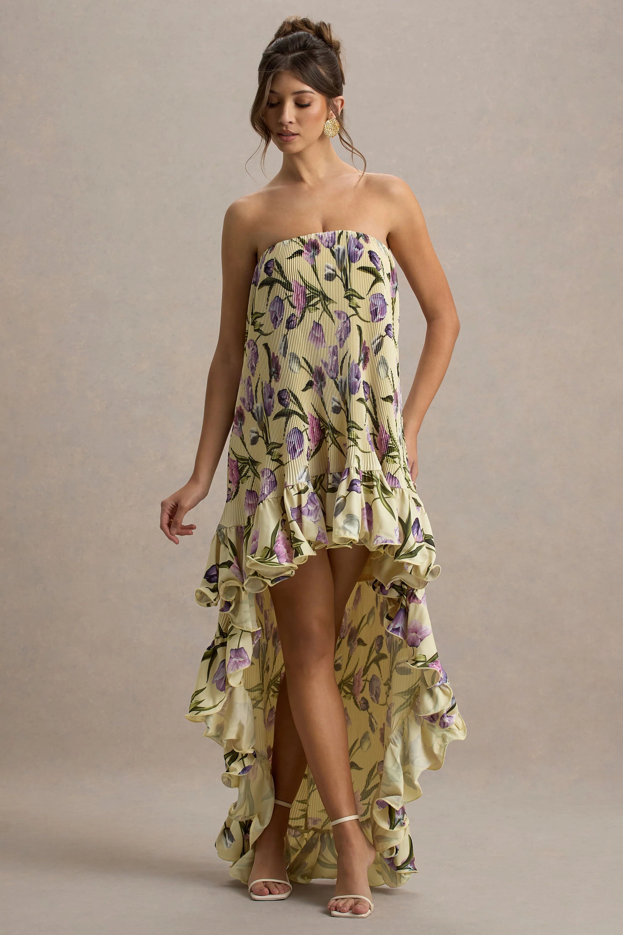 Whistler Tulip Floral Print Chiffon Bandeau High Low Ruffled Maxi Dress