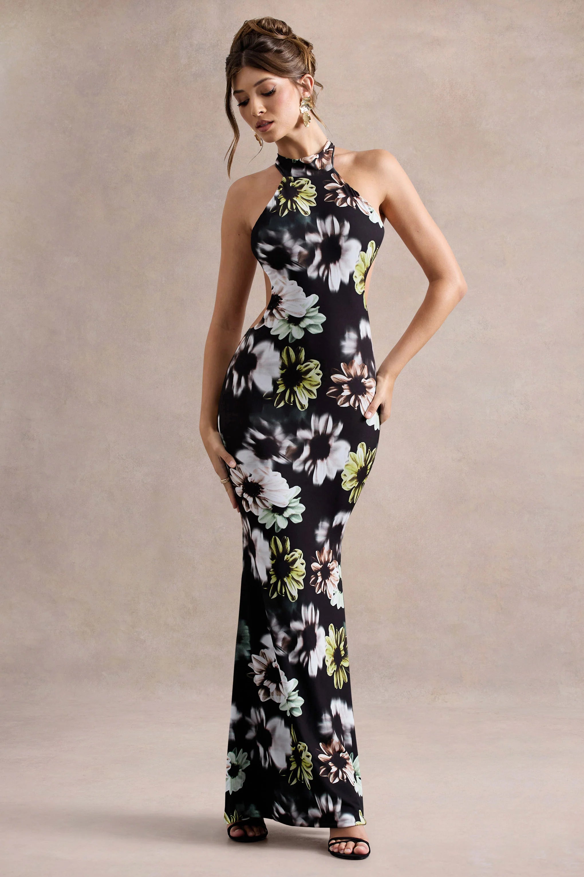 Tuscany Black Floral Print Halter Neck Split Maxi Dress