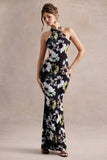 Tuscany Black Floral Print Halter Neck Split Maxi Dress