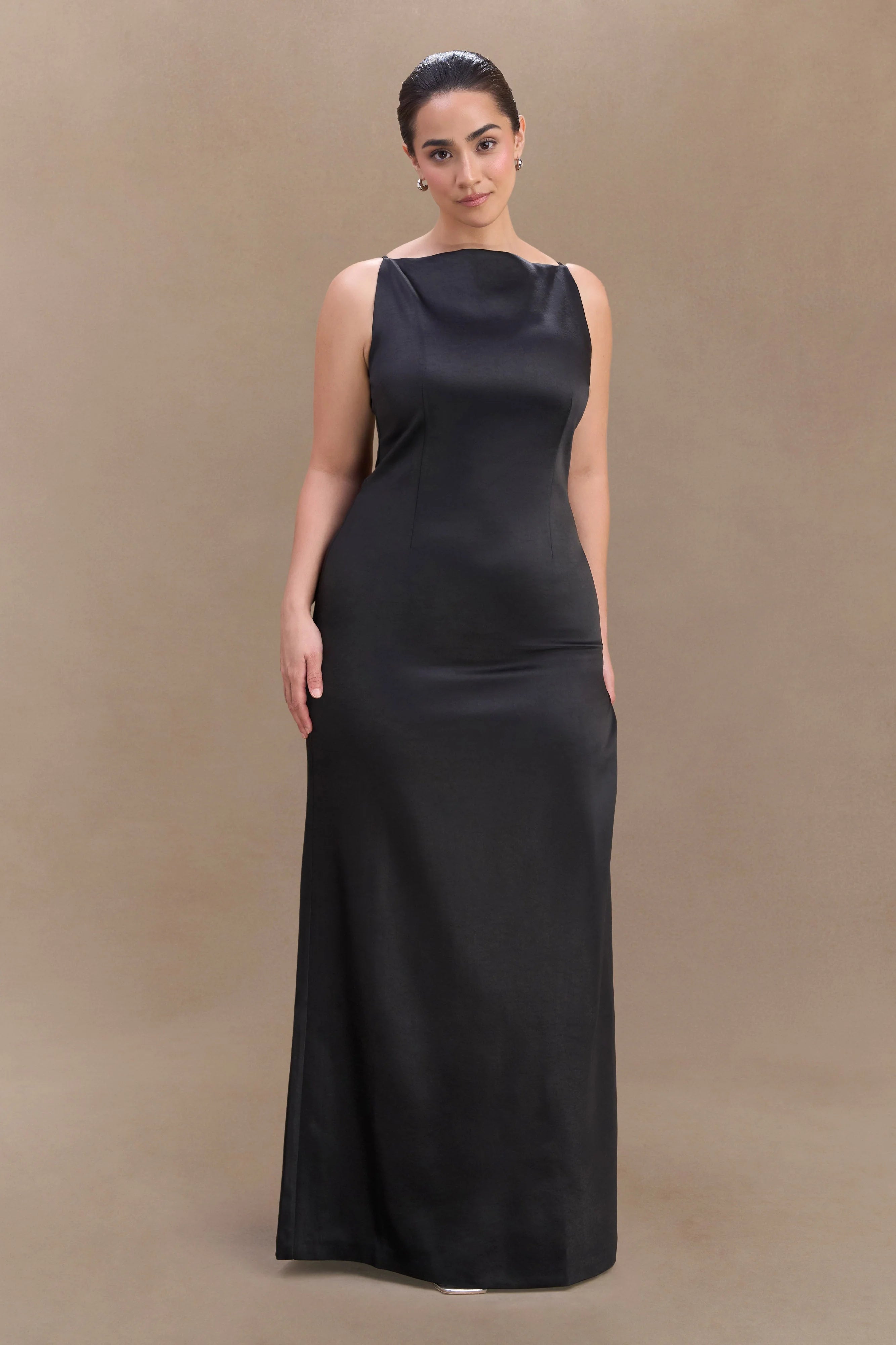 Violet Sleeveless Satin Maxi Dress Black