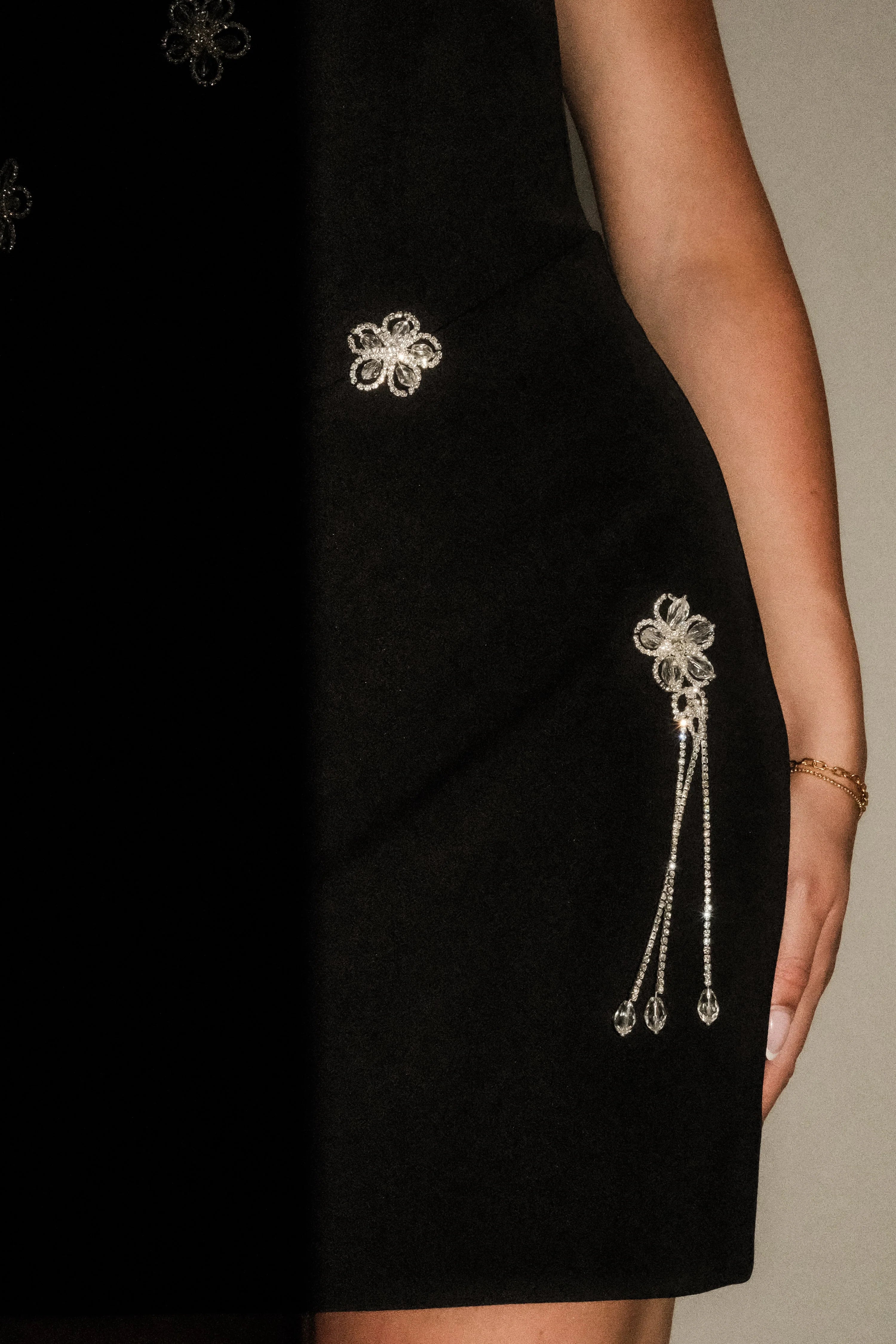 Liva Strapless Diamante Floral Trim Mini Dress Black