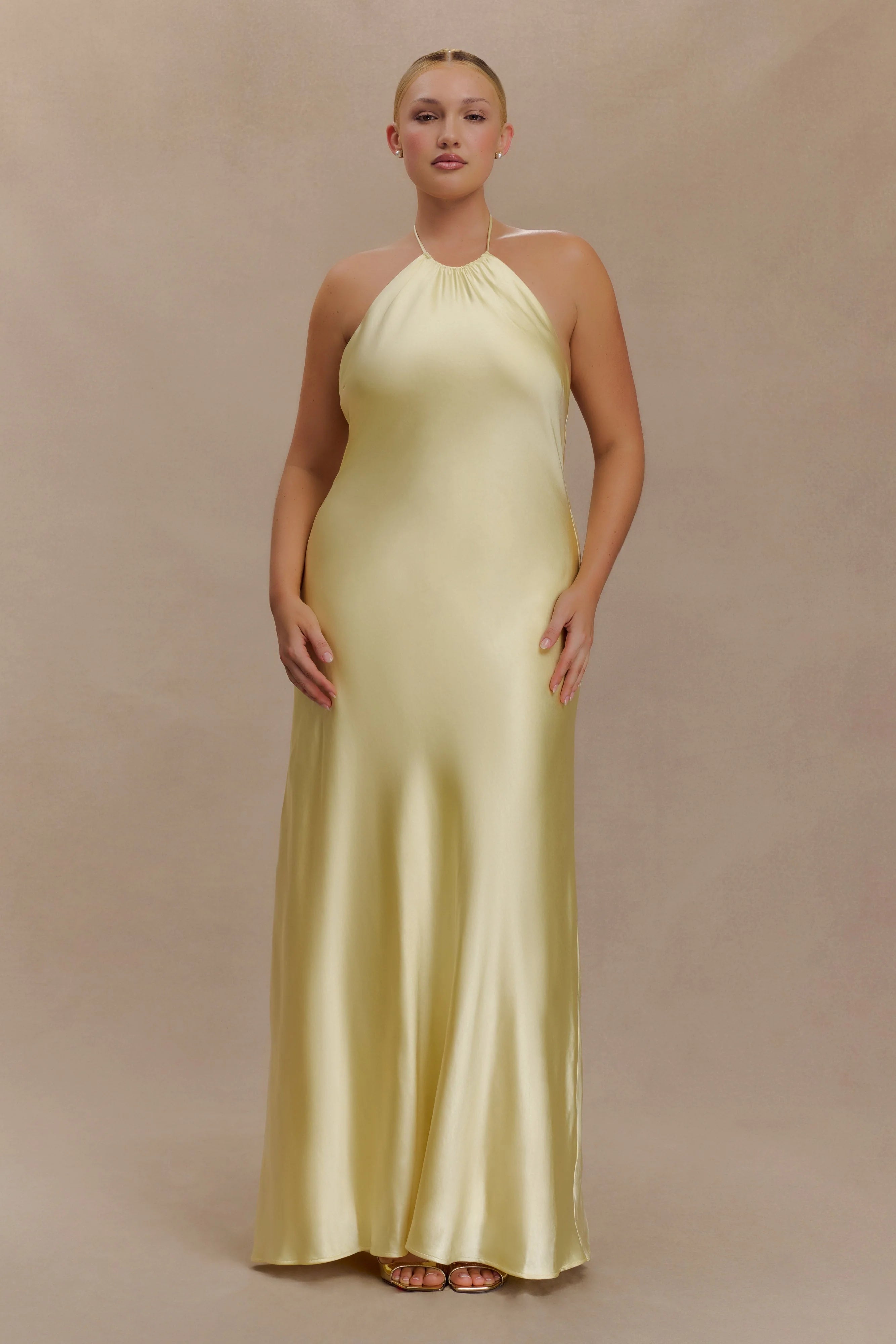 Bella Satin Halter Maxi Dress Lemon