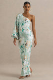 Kellis Green Floral Print Asymmetric Maxi Dress With Balloon Sleeve