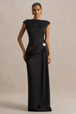 Influence Black Satin Slashed Neck Maxi Dress With Embellished Detail And Sash