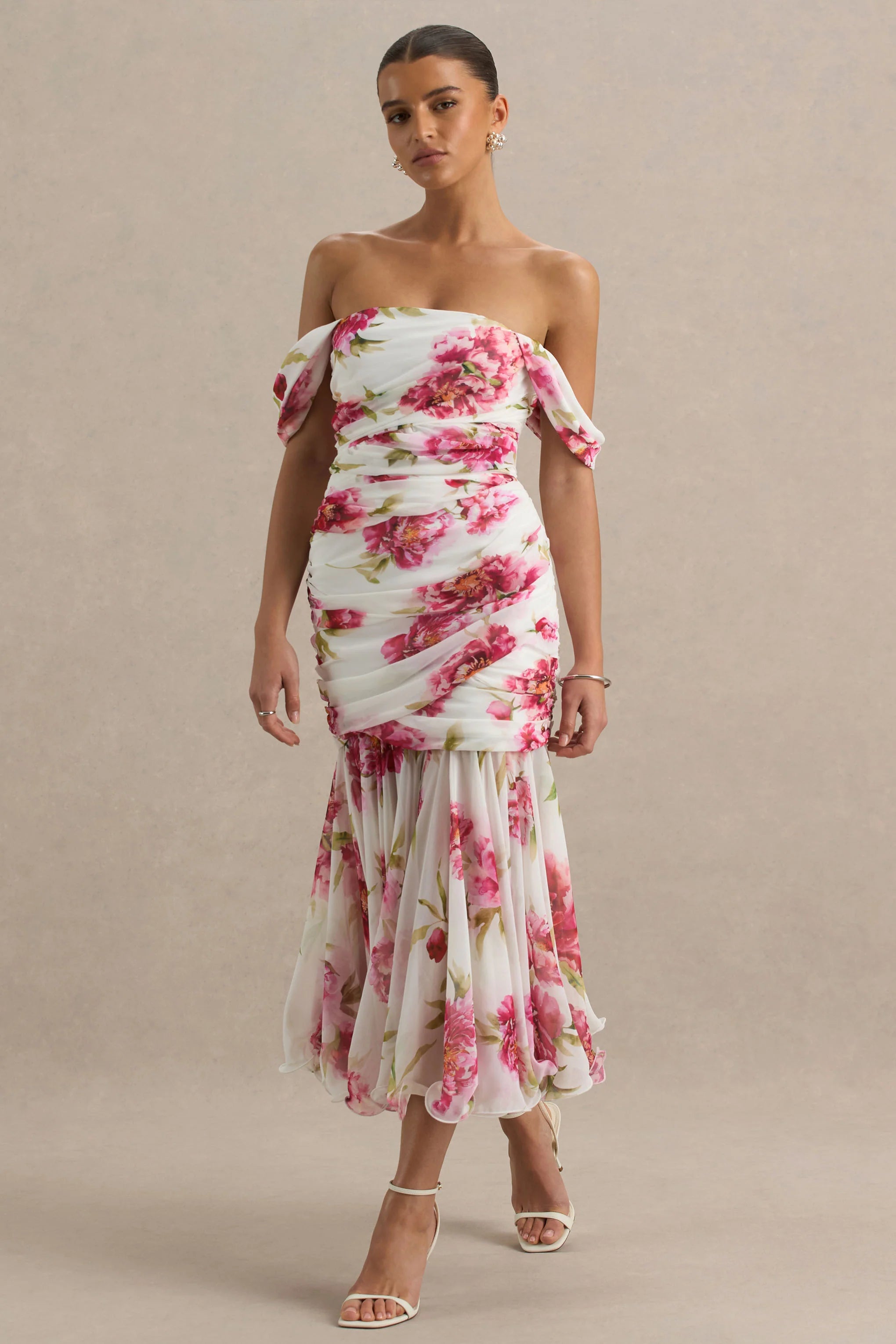 Madelyn Cream Floral Print Short Sleeve Bardot Wrap Maxi Dress With Ruching