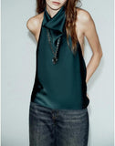 Women Halter Top Cowl Neck Backless Satin Silk Tank Tops Elegant Going Out Clubwear