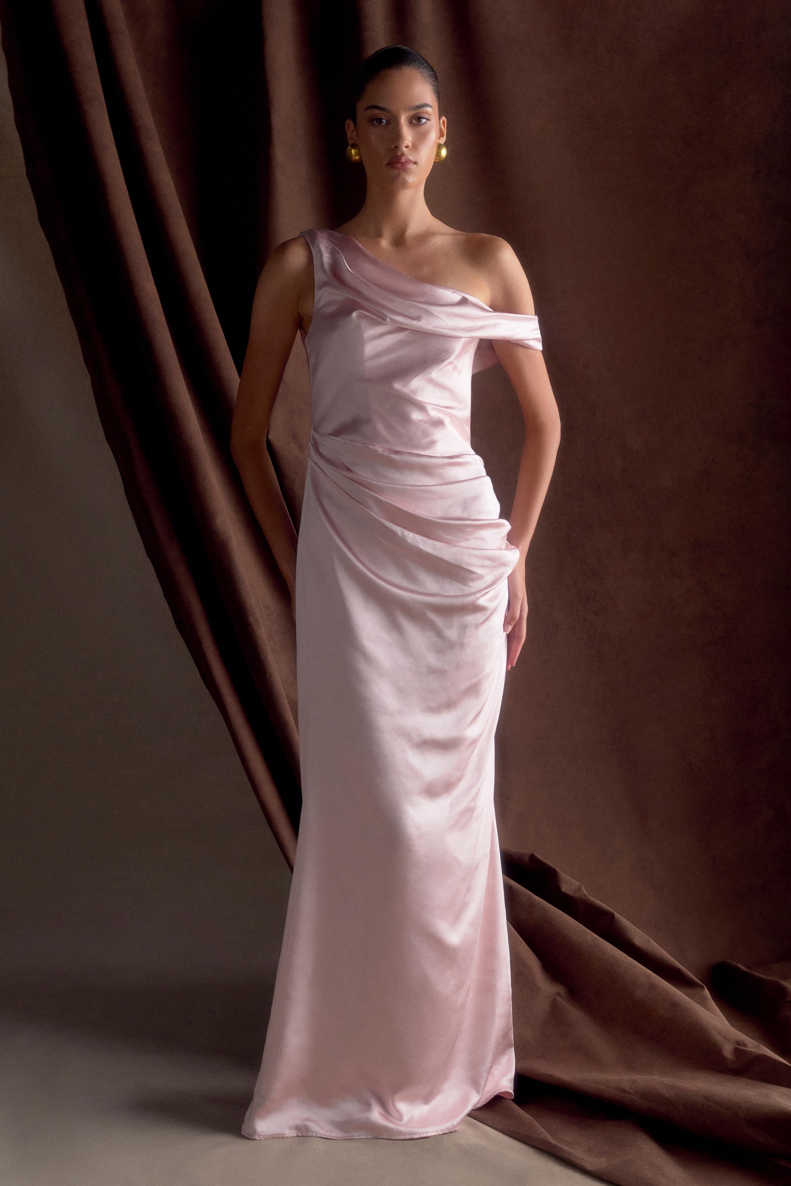 Dalia Off Shoulder Satin Maxi Dress Soft Pink