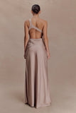 Lyla Asymmetrical Satin Maxi Dress Bronze Taupe