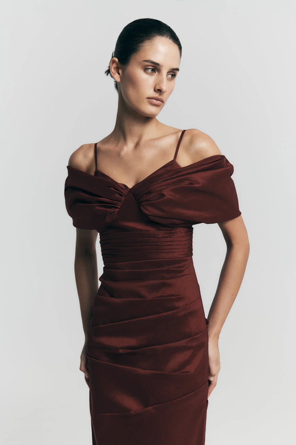 Thelma Bardot Maxi Dress Wine