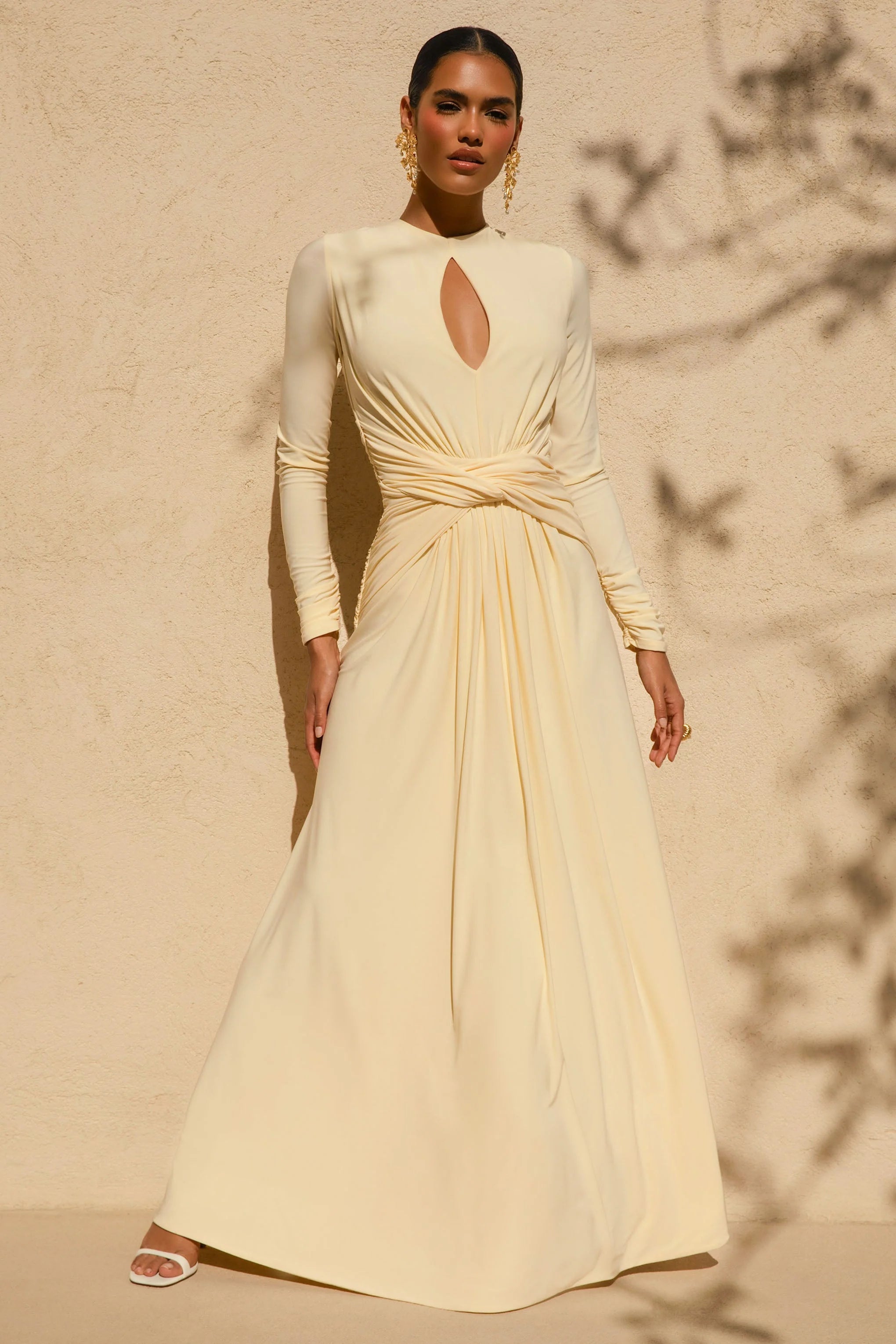 With Me Lemon High Neck Maxi Dress With Ruched Detailing