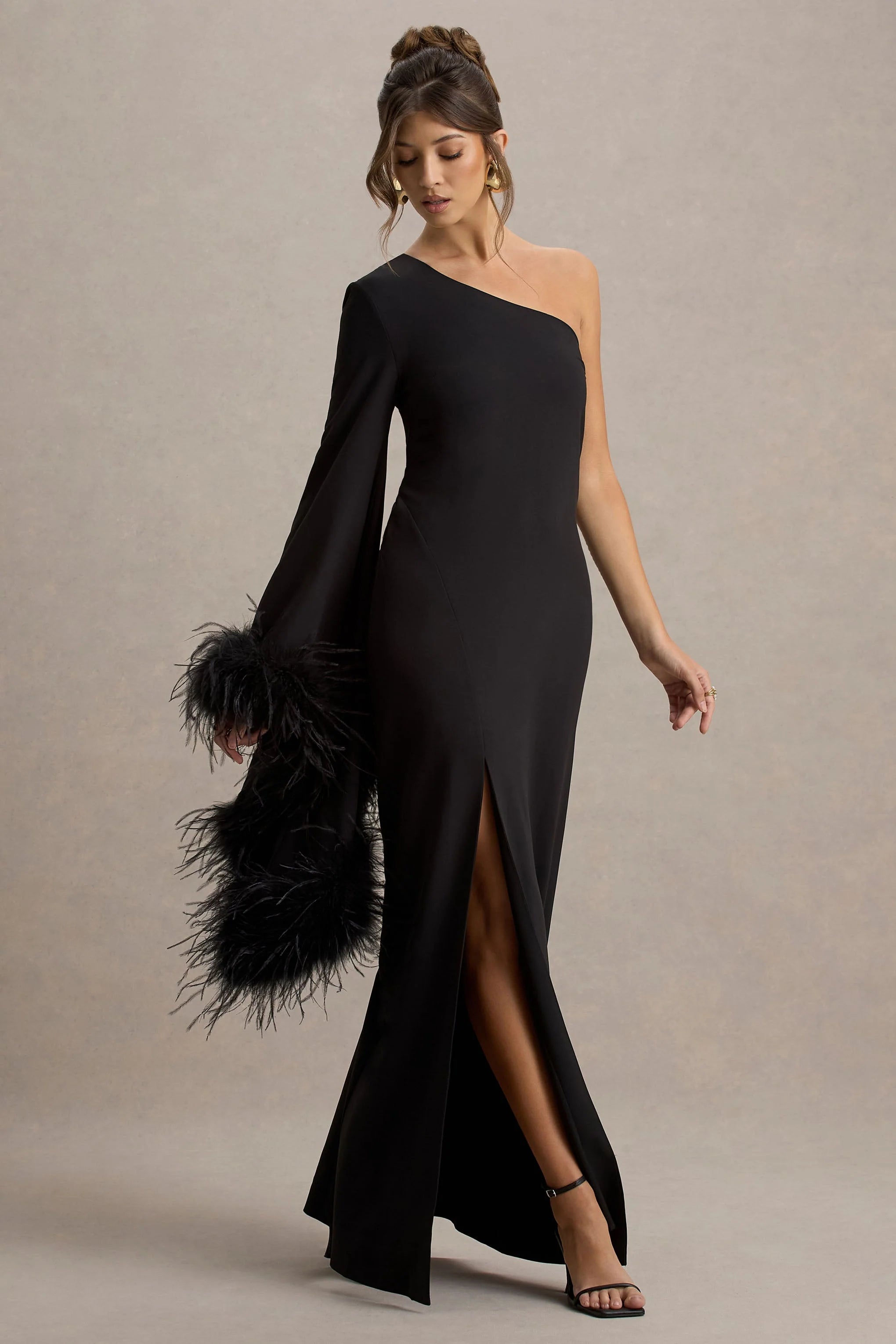 Armina Black One Shoulder Feather Trim Maxi Dress