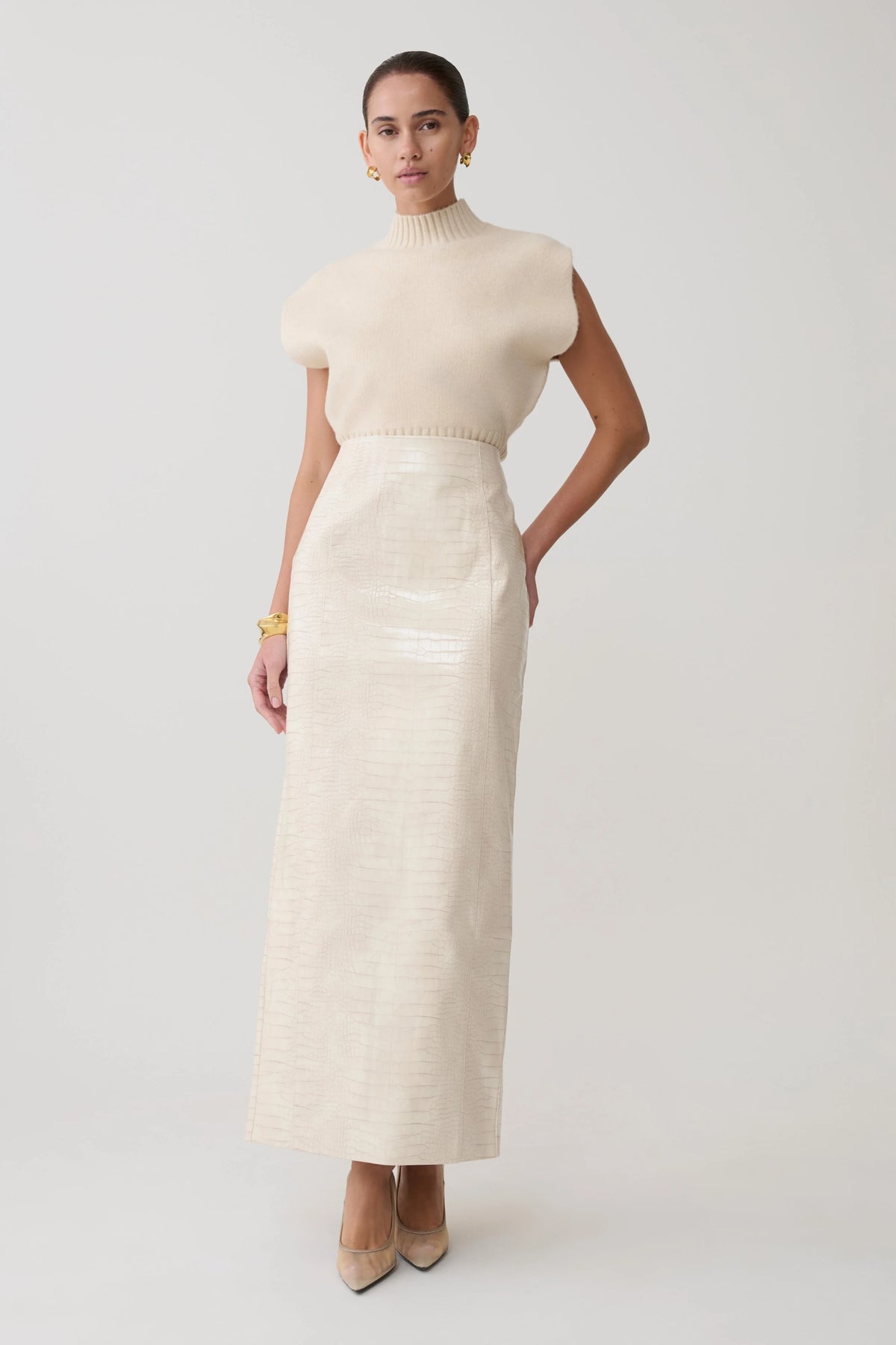 Thalia Croc Faux Leather Midi Skirt Ivory