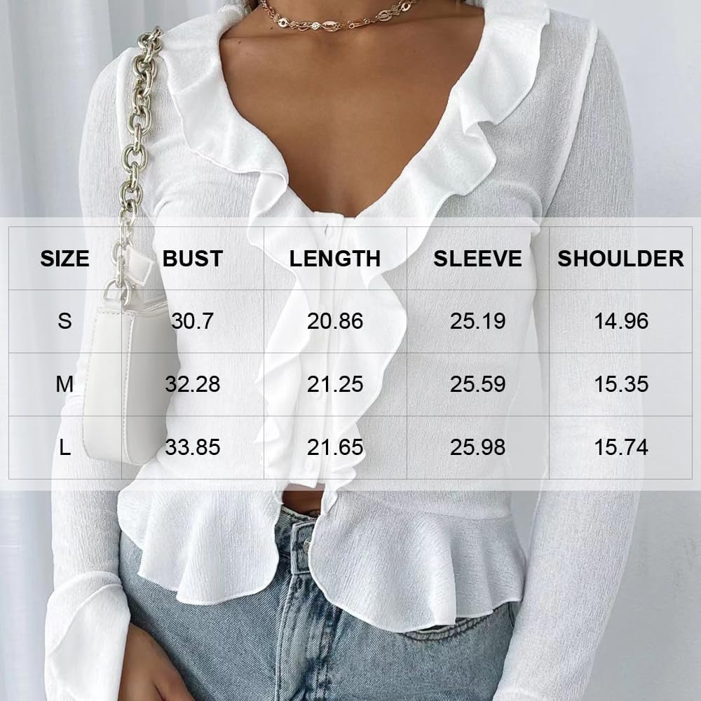 Women Going Out Tops Ruffle Trim Button Front V Neck Flared Sleeve Shirt Y2k Crop Top