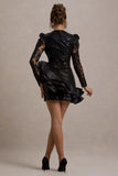 Myka Black Sequin Long Sleeve Ruffle Hem Mini Dress