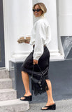 Martha Black Satin Lace Trim Midi Skirt